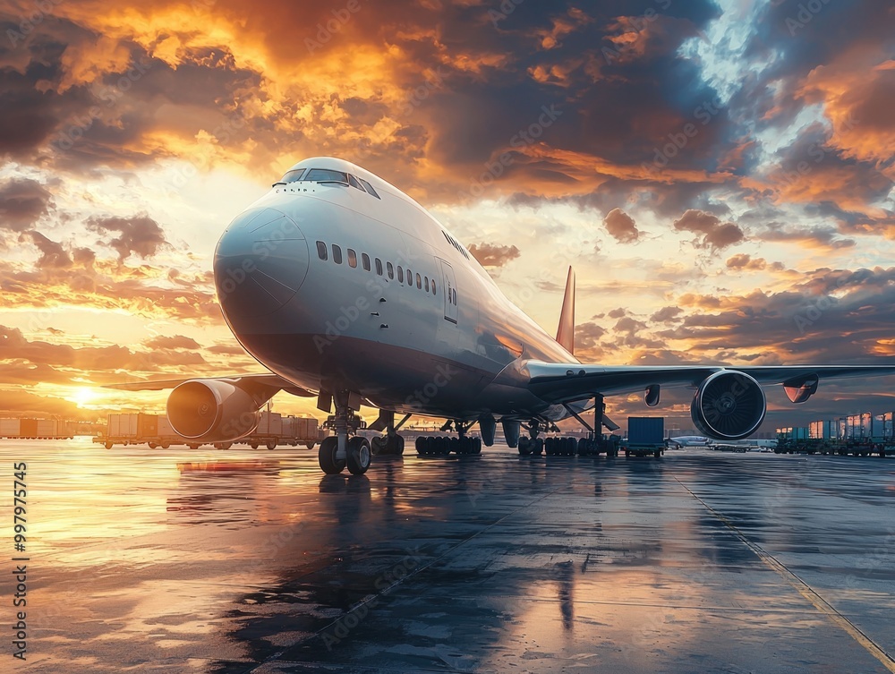 Majestic airplane at sunset on the runway Majestic airplane at sunset on the runway