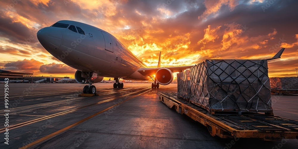 Cargo aircraft at sunset on a busy airport runway Cargo aircraft at sunset on a busy airport runway
