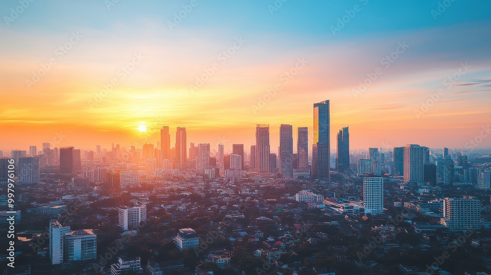 Obraz premium City skyline at sunset with tall buildings and colorful sky.
