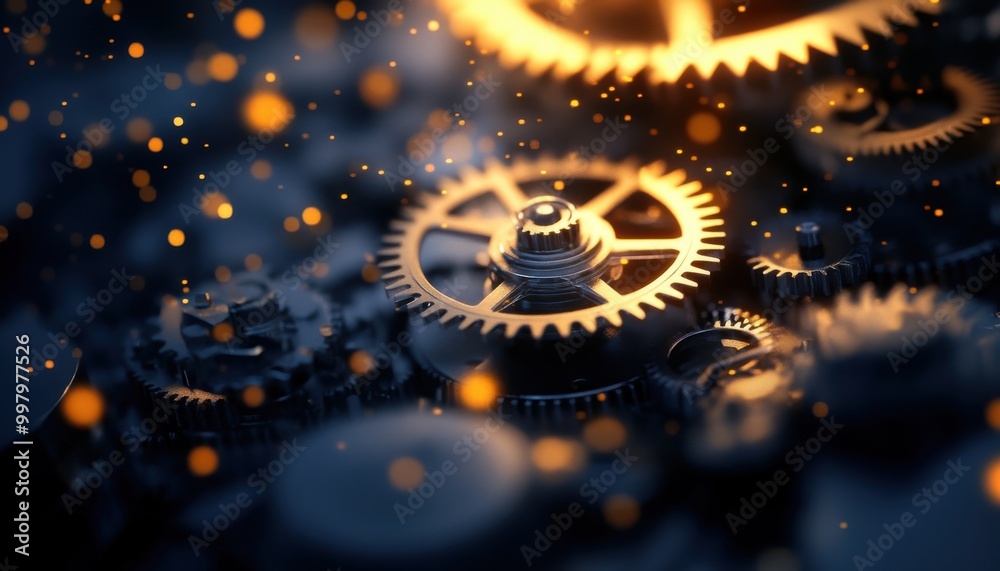Close-up of metallic gears with sparks, dark background, industrial theme. Close-up of metallic gears with sparks, dark background, industrial theme.