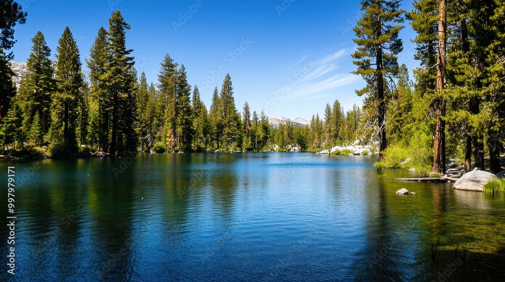 Serene Lake Surrounded by Towering Pine Trees Serene Lake Surrounded by Towering Pine Trees