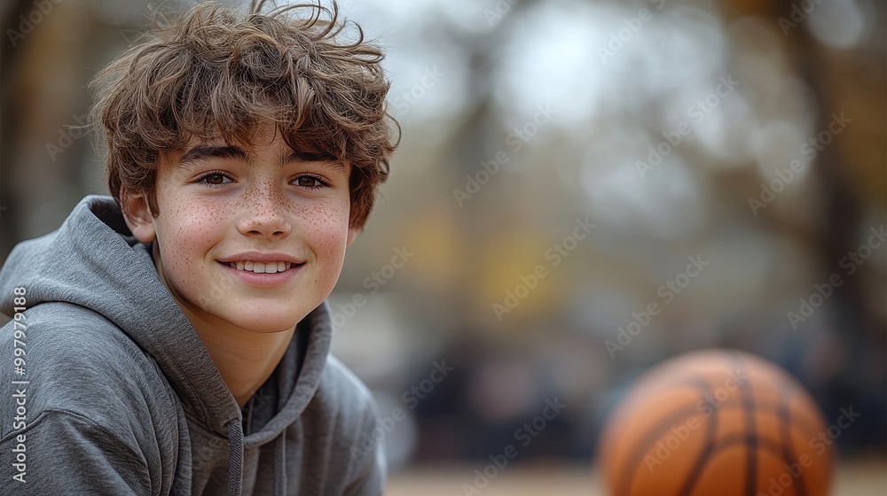 Young handsome teenage boy with brown hair playing basketball on outdoor court, smiling and wearing grey hoodie, looking at camera
Young handsome teenage boy with brown hair playing basketball on outdoor court, smiling and wearing grey hoodie, looking at camera