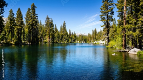 Serene Lake Surrounded by Towering Pine Trees