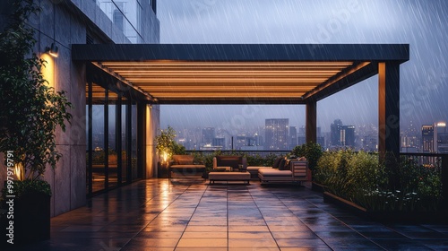 A rooftop patio with smart ambient lighting and a weather-adaptive pergola that closes automatically during rain photo