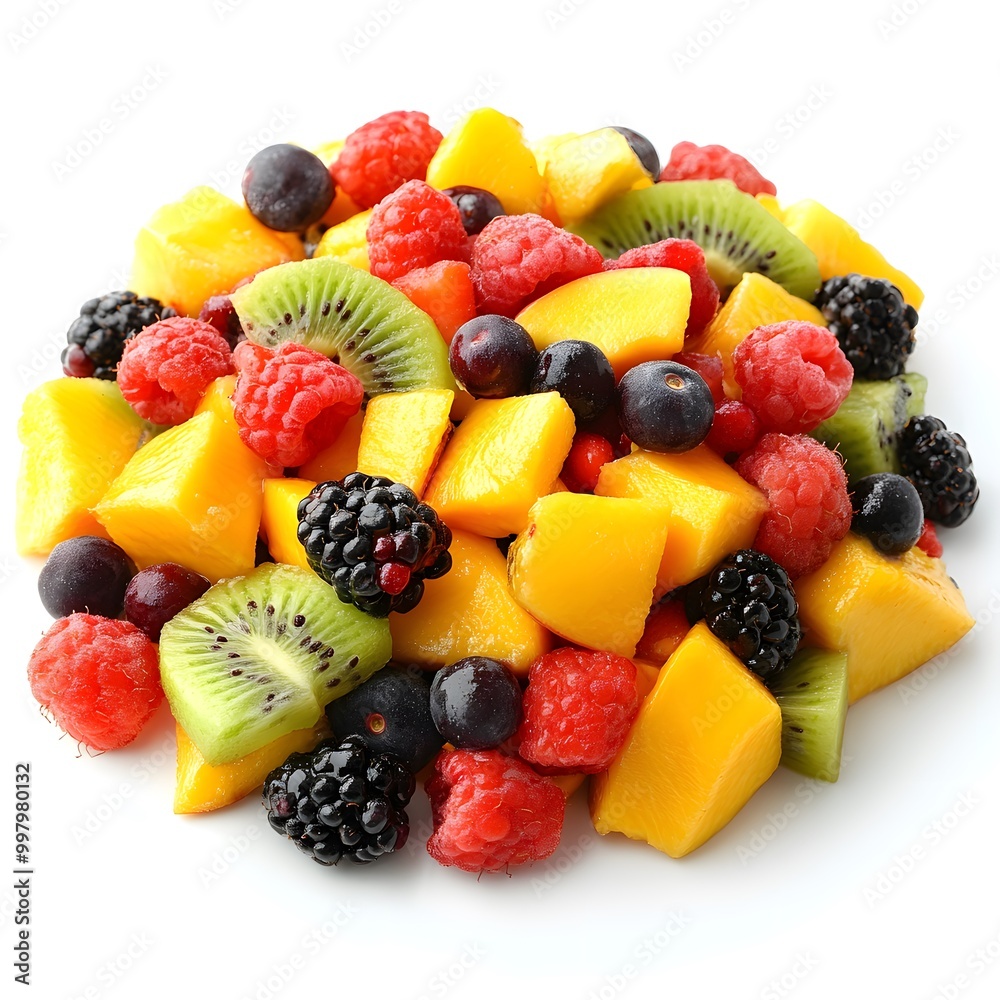 Healthy mixed bowl fruit salad with mango, kiwi, and berries, on a white background Healthy mixed bowl fruit salad with mango, kiwi, and berries, on a white background