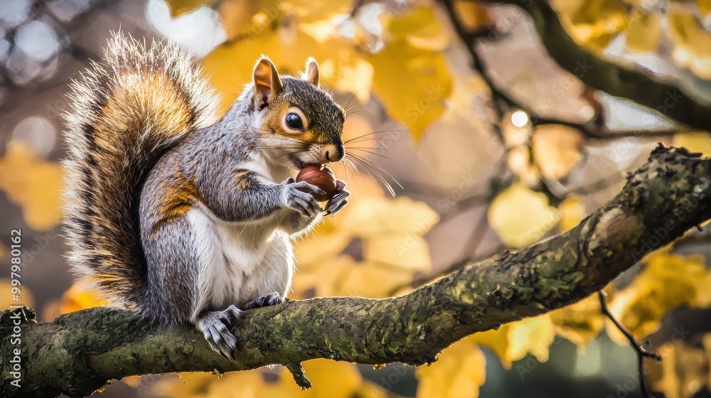 Squirrel Nibbling on Nut While Perched on Tree Branch