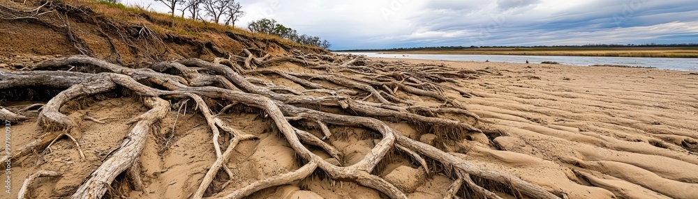 Intricate tree roots intertwine on sandy riverbank, showcasing nature's resilience and beauty amid a serene landscape. Intricate tree roots intertwine on sandy riverbank, showcasing nature's resilience and beauty amid a serene landscape.