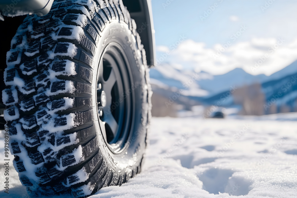 Close-up view of a black rubber winter race truck or SUV wheel tire in a snowy landscape. Close-up view of a black rubber winter race truck or SUV wheel tire in a snowy landscape.