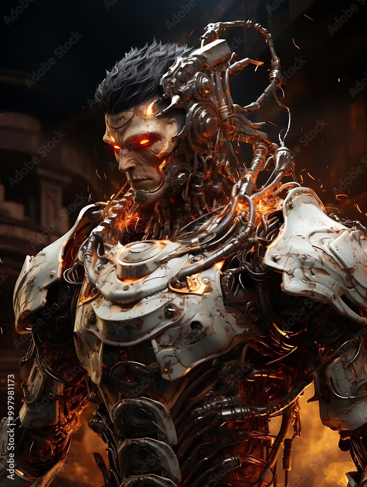A futuristic, robotic figure with glowing eyes and intricate mechanical details. A futuristic, robotic figure with glowing eyes and intricate mechanical details.