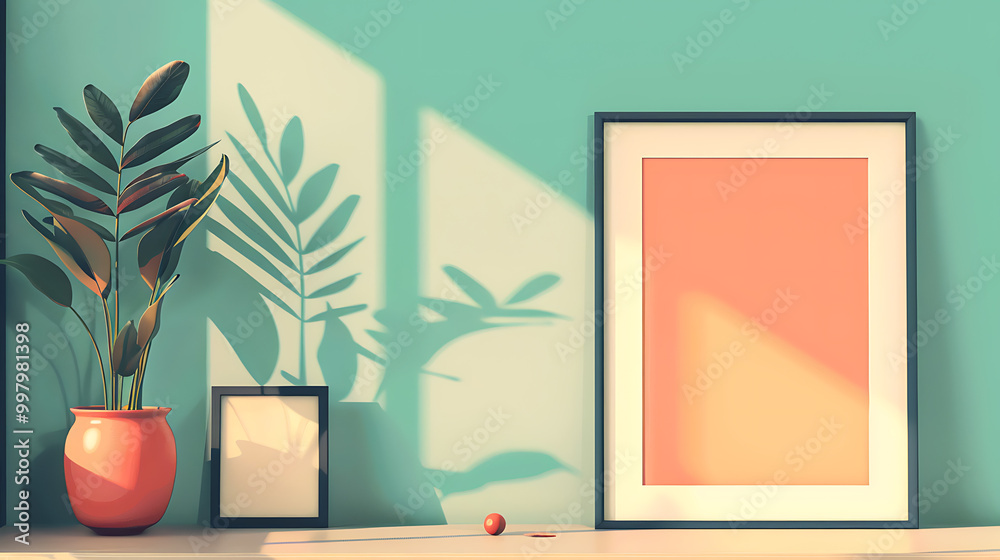 A potted plant and two framed pictures sit on a shelf against a turquoise wall with shadows cast on the wall from sunlight streaming in. A potted plant and two framed pictures sit on a shelf against a turquoise wall with shadows cast on the wall from sunlight streaming in.