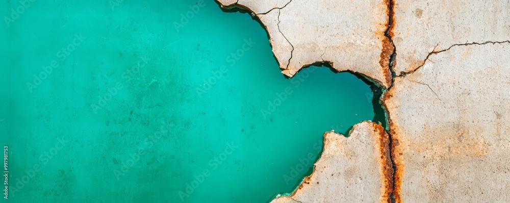 Obraz premium A close-up of cracked concrete revealing vibrant turquoise water, showcasing a unique blend of texture and color in abstract design.