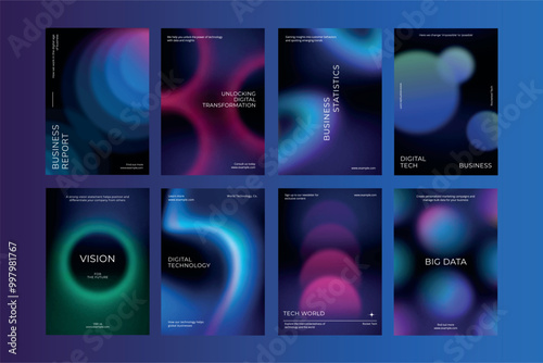 Digital technology business dark poster template vector set. Business dark gradient poster design set. Digital technology business poster in dark blue. Vector set. Modern design poster template