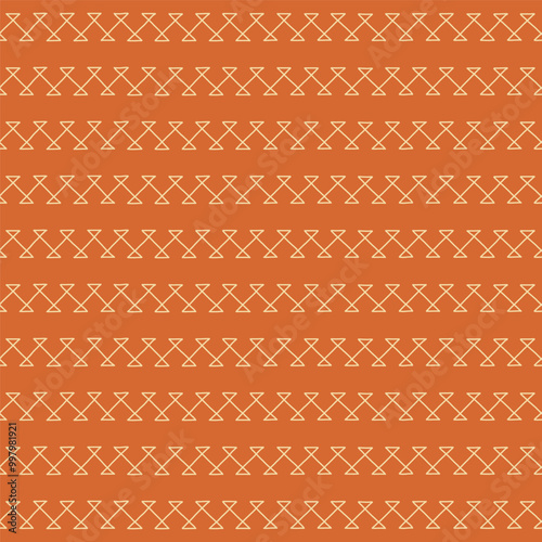 Minimalist geometric orange pattern, where simple lines form repetitive hourglass-like shapes arranged in horizontal rows.