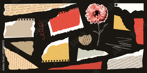 Collage Set elements for scrapbook. Trendy retro vintage paper cut, sheet, halftone effect. Old rip torn paper collection. Craft retro gazettes, grunge papers collection. Isolated Vector illustration.