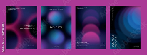 Digital technology business dark poster template vector set. Business dark gradient poster design set. Digital technology business poster in dark blue. Vector set. Modern design poster template