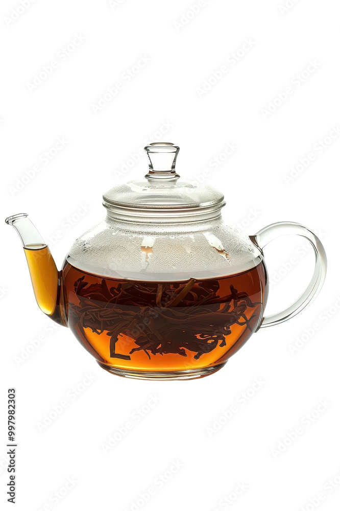 Glass teapot filled with brewed tea, white isolate background Glass teapot filled with brewed tea, white isolate background