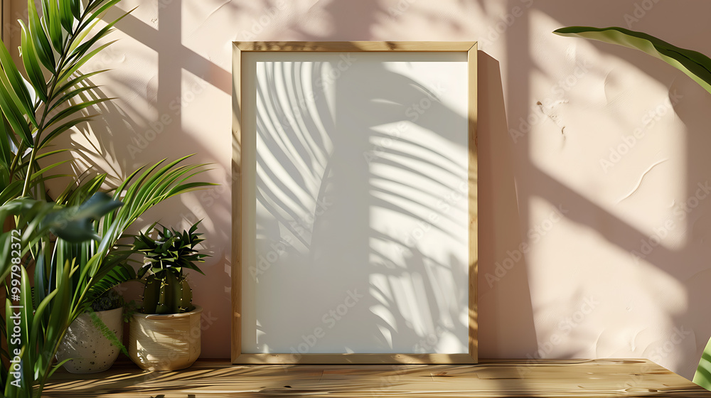 A blank frame on a wooden table with a pink wall in the background, a green plant casts a shadow on the wall. A blank frame on a wooden table with a pink wall in the background, a green plant casts a shadow on the wall.