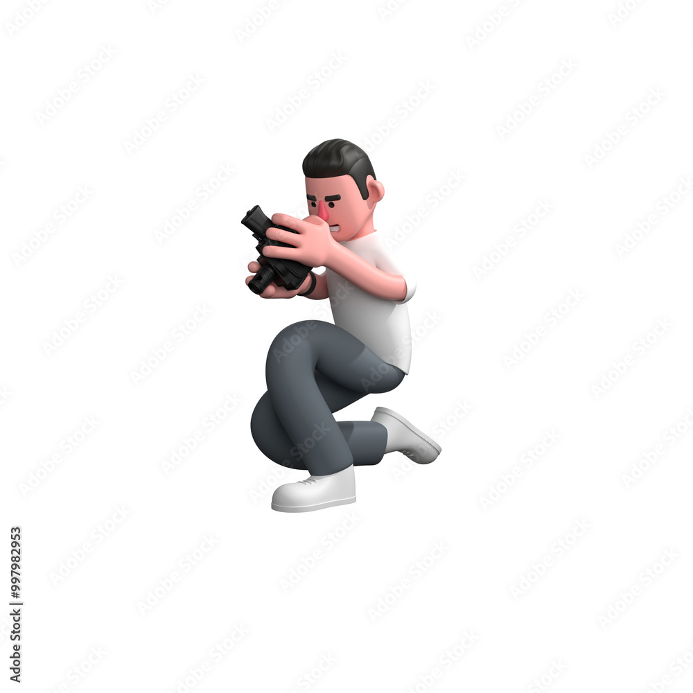 3D Male Photographer Media Illustration. A male photographer is kneeling while holding a camera with both hands. Professional 3D Male Photographer Media Illustration. A male photographer is kneeling while holding a camera with both hands. Professional