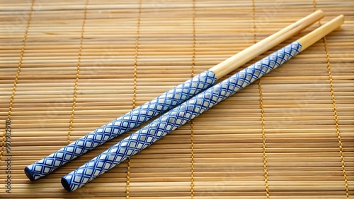 Fisheye Bamboo chop sticks with blue pattern handles photo