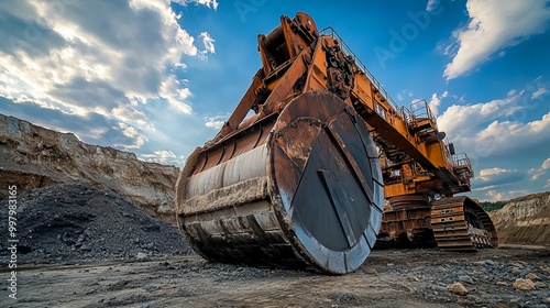 A giant steam shovel leans against the ground, showcasing its impressive size and industrial design. photo