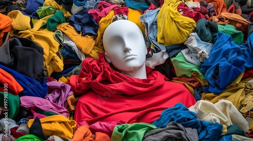 A white faceless mannequin abandoned among a pile of colorful clothing, with garments of various styles and fabrics scattered around it. The mannequin appears lost and neglected. photo