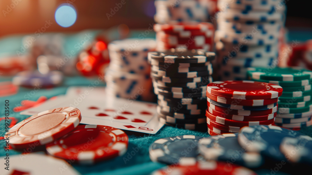 Detailed view of poker chips in various colors neatly stacked on a casino table, highlighting the vibrant and dynamic setting of the gambling scene. Detailed view of poker chips in various colors neatly stacked on a casino table, highlighting the vibrant and dynamic setting of the gambling scene.