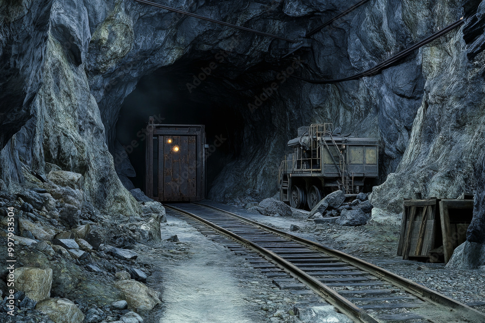 Fototapeta premium Underground coal mining tunnel with equipment. Narrow gauge railroad tracks in mine