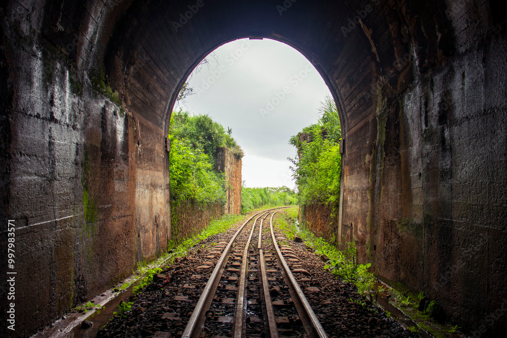 Obraz premium An old dark and abandoned railway tunnel passing through the countryside 