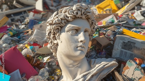 A white Greek-Roman statue abandoned amidst a heap of trash, surrounded by various discarded items such as plastic bottles, old newspapers, and broken furniture.