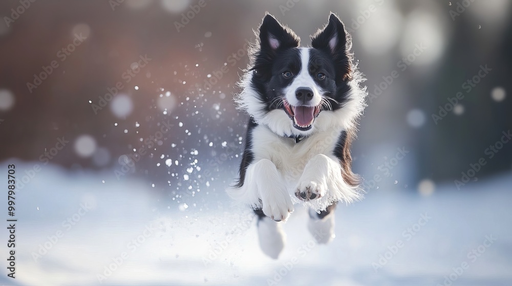 A playful Border Collie dog running and jumping joyfully in a snowy winter landscape. A playful Border Collie dog running and jumping joyfully in a snowy winter landscape.