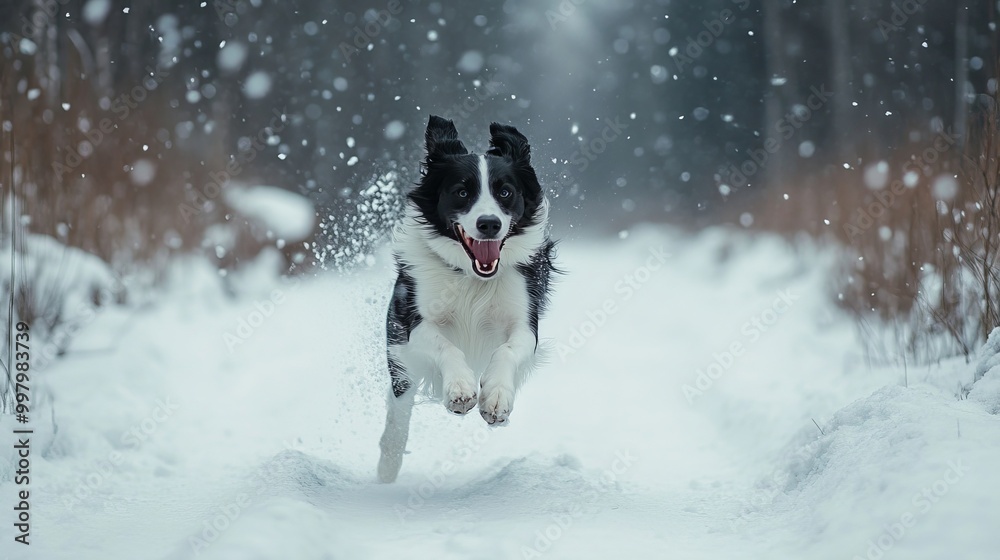 A playful Border Collie dog running and jumping joyfully in a snowy winter landscape. A playful Border Collie dog running and jumping joyfully in a snowy winter landscape.