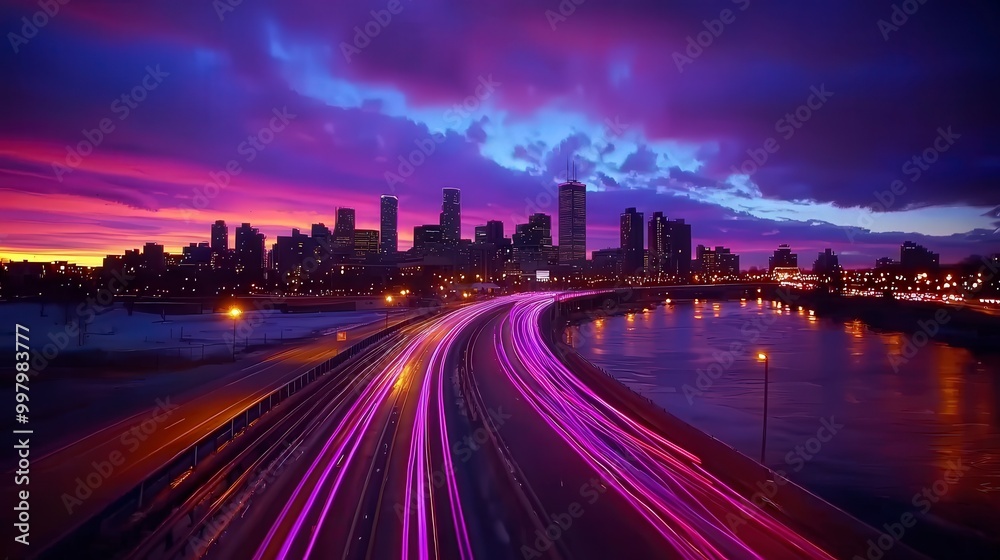 Obraz premium Vibrant city skyline with colorful sunset and illuminated highway lights