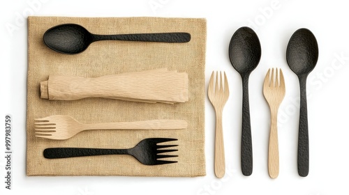 Arrangement of black and beige utensils on a woven beige placemat