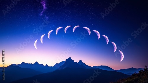 Phases of the moon above mountain landscape under starry night sky photo