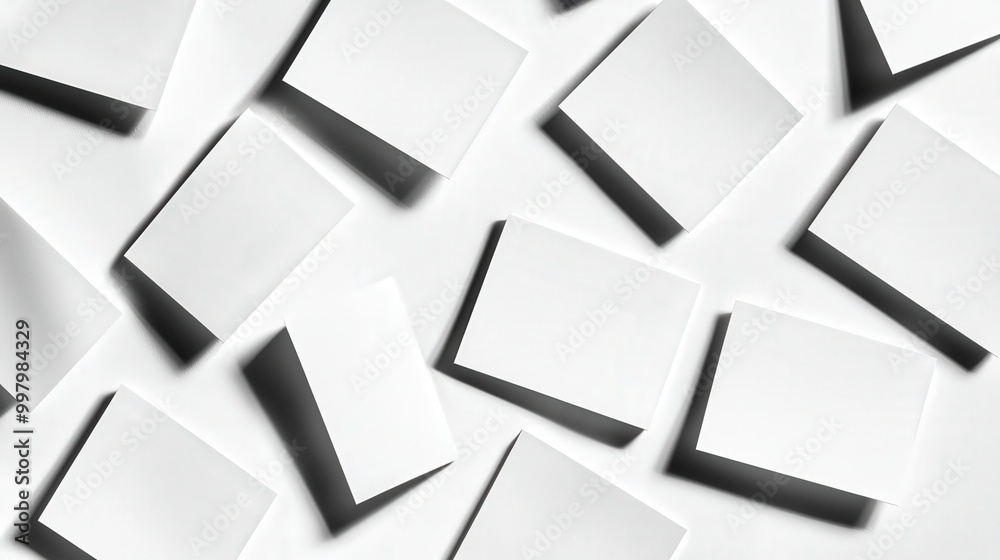 Several blank white sheets of paper scattered in artful arrangement
