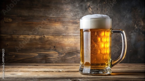 Fisheye beer mug on table with Pilsner lager golden beer