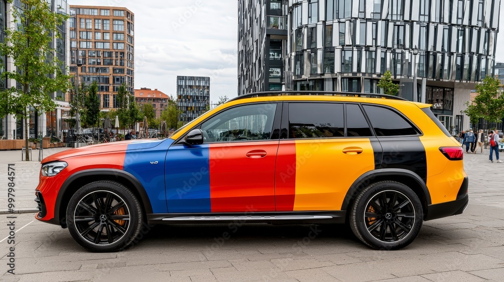 Naklejka premium Colorful vehicle featuring vibrant stripes in urban city environment