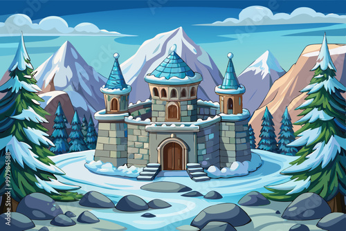 old stone palace winter landscape, vector cartoon illustration , rock and blue sky, snow landscape background