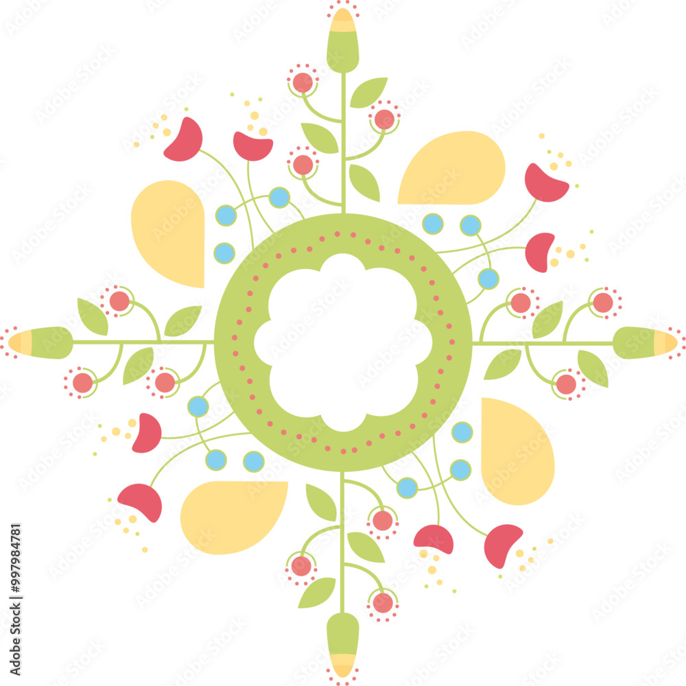 Étiquette arrondie avec un large bord décoré de fleurs rouges , de feuilles vertes, de bulbes jaunes. Un style moderne et printanier pour cet élément de conception graphique joyeux et original. 