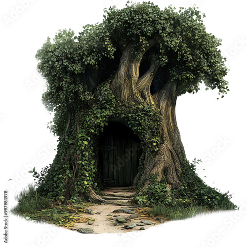 A large tree with an entrance isolated on a transparent background