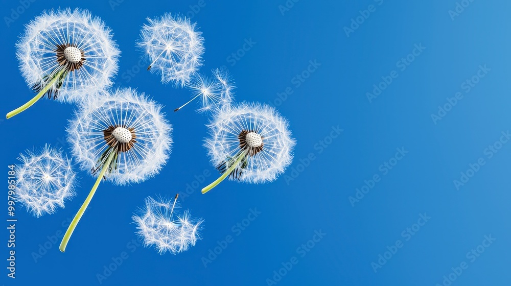 Obraz premium Dandelions floating in the blue sky with a gentle breeze