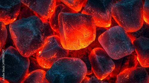 Glowing hot coals radiate heat and intense fiery orange light