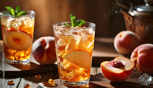 Refreshing perspective on peach iced tea with cool lighting and soft shadows, showcasing a professional touch in digital photography and color grading. photo