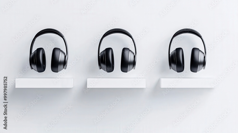 Three pairs of modern black headphones displayed on white shelves Three pairs of modern black headphones displayed on white shelves