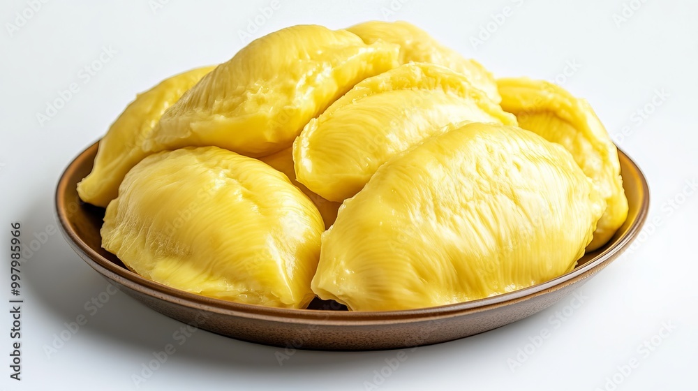Top view of vibrant yellow fresh peeled Durian pulp, specifically the Monthong variety, also known as the Top view of vibrant yellow fresh peeled Durian pulp, specifically the Monthong variety, also known as the