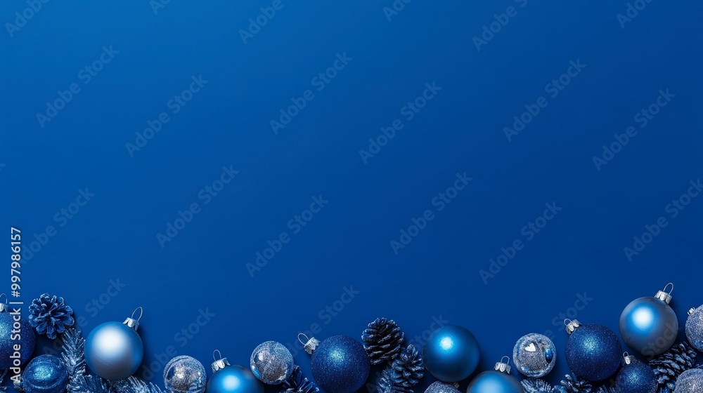 Festive blue christmas ornaments and pine cones on a blue background Festive blue christmas ornaments and pine cones on a blue background