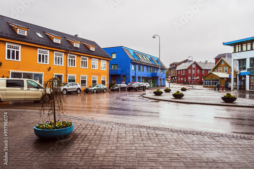 Sortland city streets during a rainy day, Vesteralen islands, Norway photo