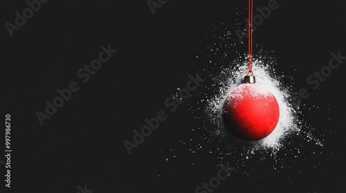 Red christmas ornament with splash of white powder on black background
