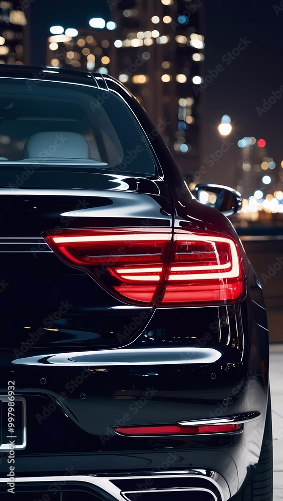 Black shiny sport car rear view in the night Black shiny sport car rear view in the night