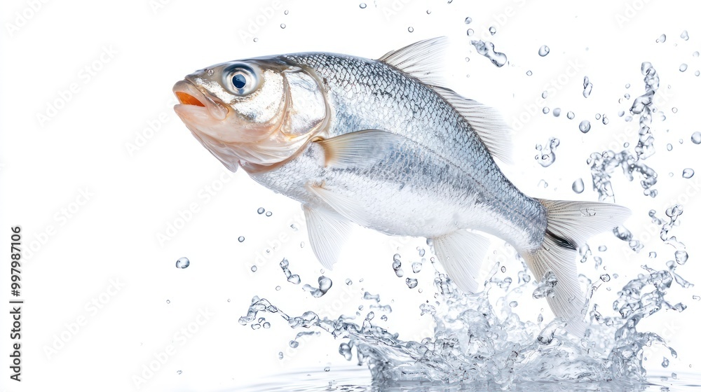 Fototapeta premium Levitating Frozen Fish Above Smooth Surface with Copy Space on White Background